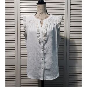 Adrienne Vittadini Sleeveless Blouse Womens Medium White‎ Button-up Lace Placket